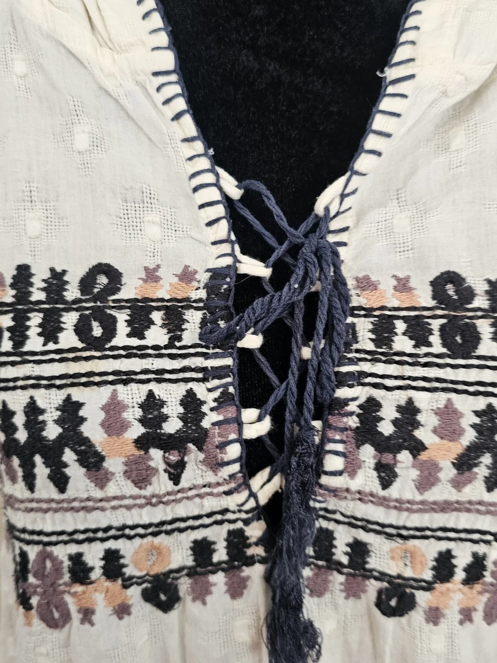 Free People Playa De Ray Cream Embroidered Hooded Pullover with Navy Tassel{Bx26 - Picture 6 of 15